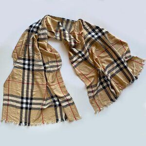 Burberry London Nova Check Beige Scarf Silk Blend Fringed Edge Lightweight